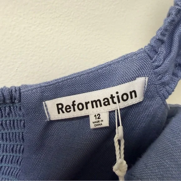 Reformation NWT Bridgton Blue Linen Smocked Midi Dress‎ Size 12